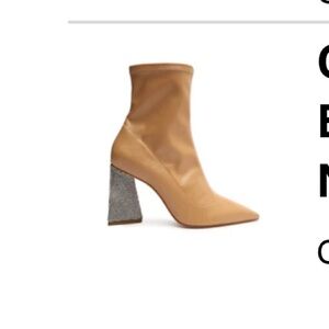 SCHUTZ Tan Leather Sock Ankle Boots with Embellished Block Heel